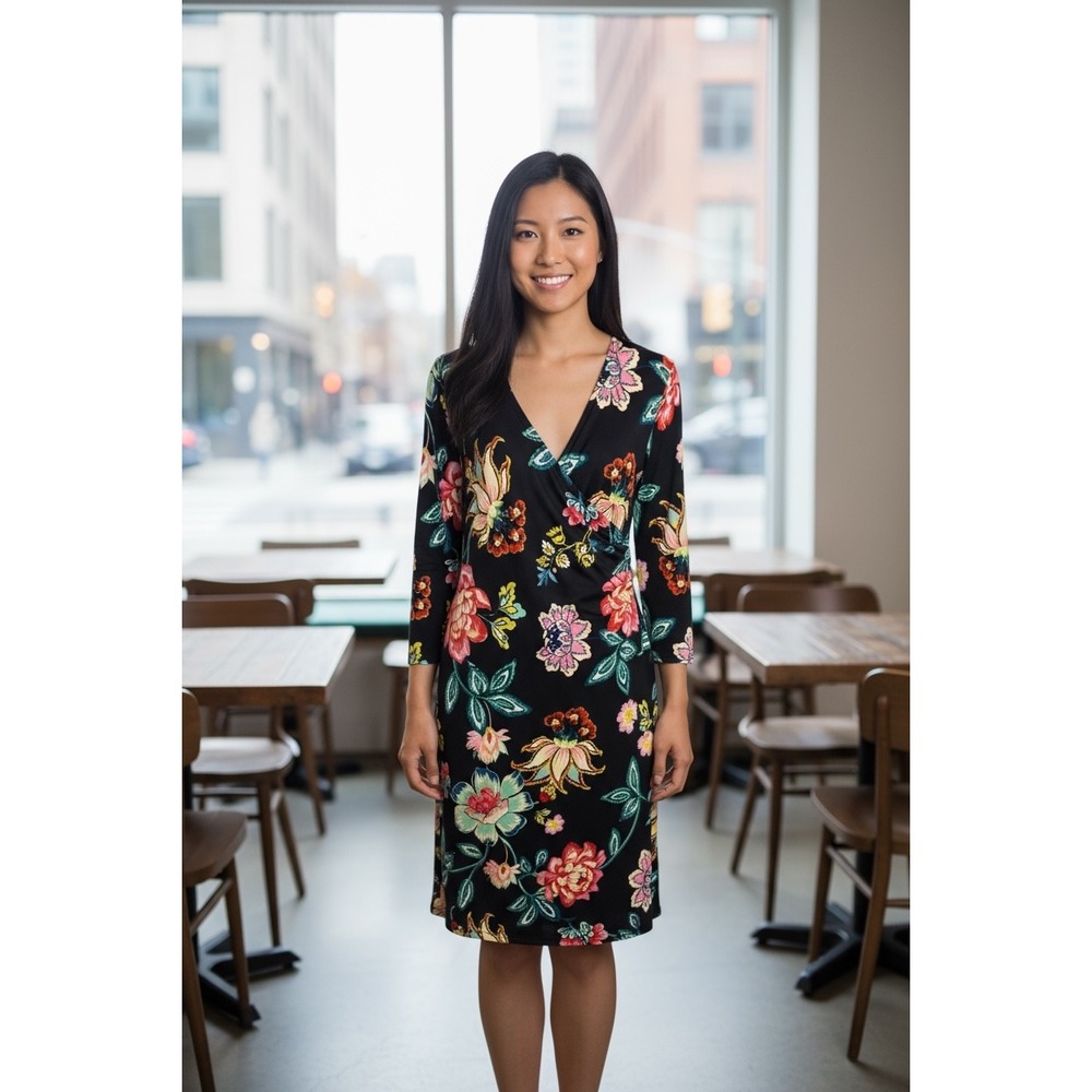 Sunny Leigh‎ Floral Print Long Sleeve Wrap Dress Black Multicolor Small
